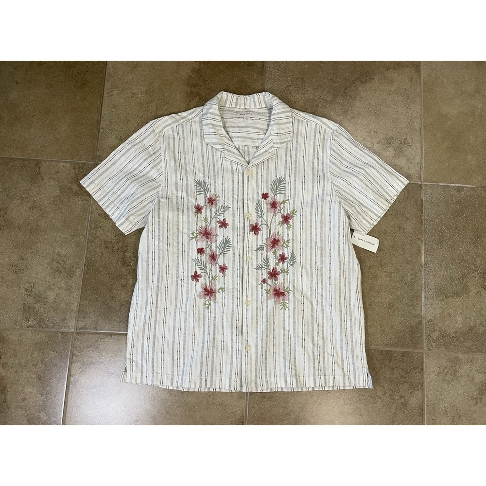 Sun + Stone Mens Sz XL Striped Floral Cotton Short Sleeve Button Up Shirt White